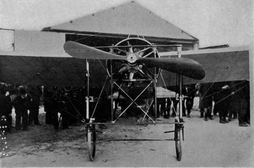 A Blriot monoplane showing a seven cylinder, fifty horsepower rotary Gnome motor.