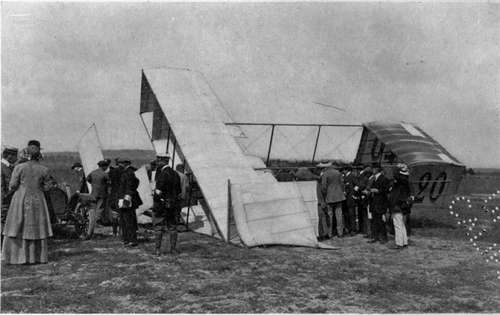 An old style Voisin biplane of cellular construction wrecked because the pilot tried to make too short a turn near the ground.