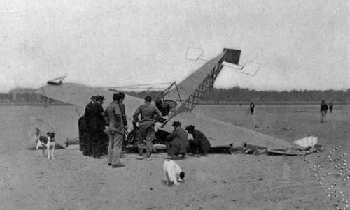 One of the numerous accidents that happened to Louis Blriot before he devised his present monoplane.