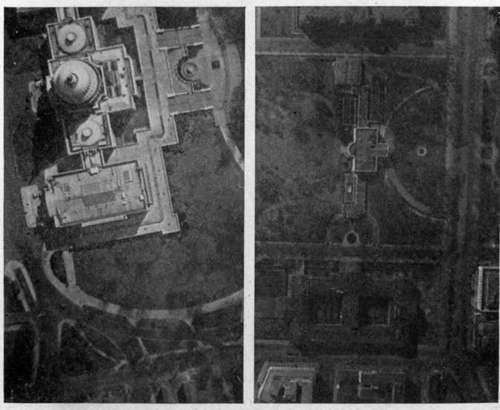 A contrast in roofs. The Capitol retains its individuality,.while the White House loses all character when seen from above.