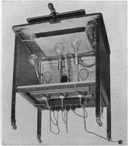 Interior of Mclntire printer, showing lamps adjustable in position for dodging.