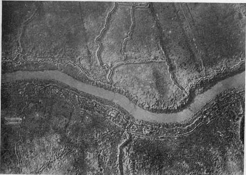 Low view of trenches on the Yser, showing concrete structure undamaged by bombardment.