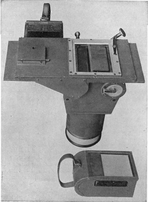 type camera showing open negative magazines and shutter mechanism.