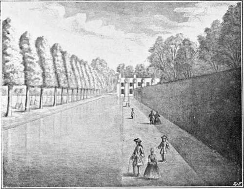 Orangerie and canal, euston. from a sketch by edmond prideaux, c. 1716.
