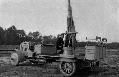 A Krupp 7.5 cm. gun mounted on an automobile truck.
