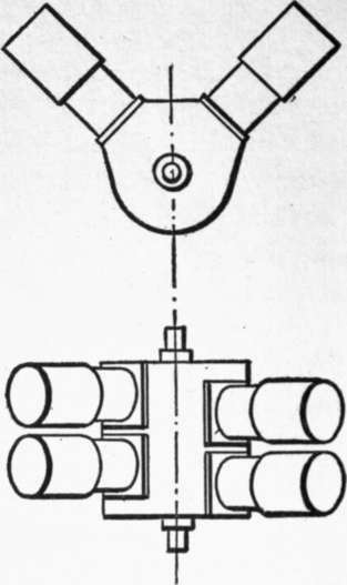 Side and plan views of a four cylinder engine with diagonally placed cylinders.